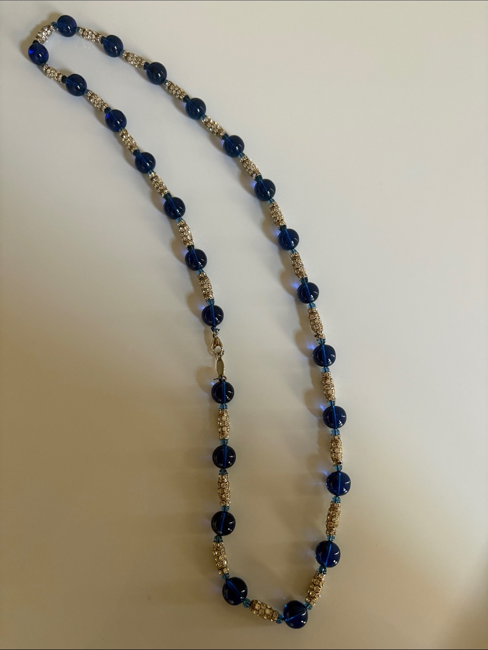 CHANEL Navy Blue Beaded Necklace with Silver-Tone Crystal Spacers